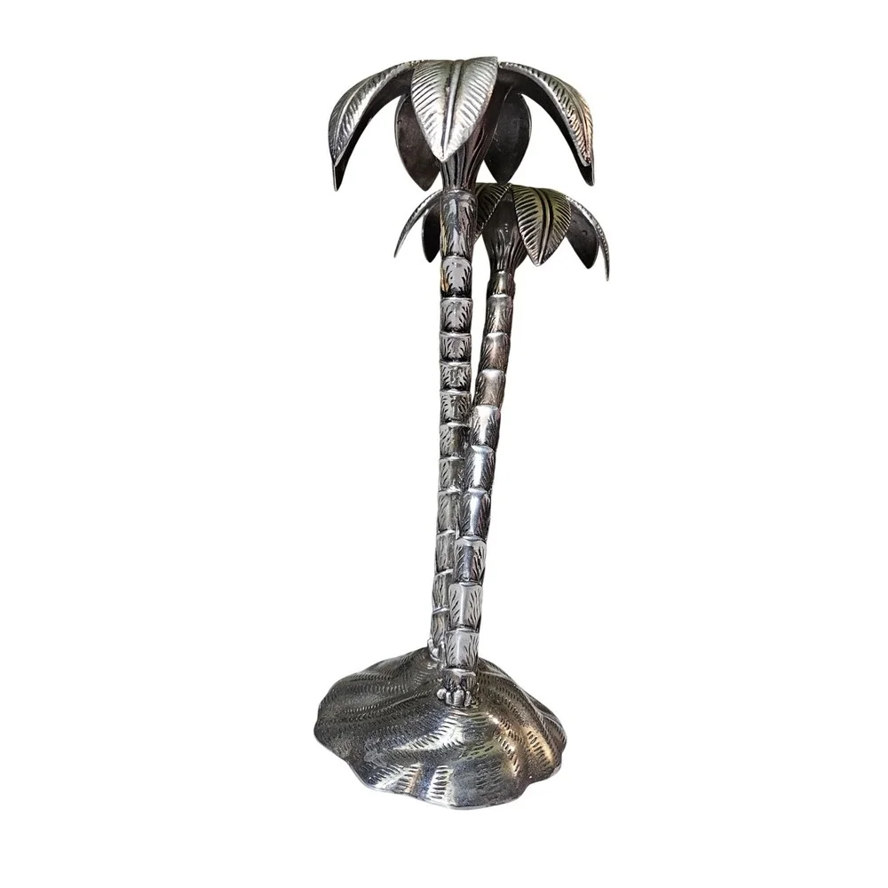 Vintage Silver‑Plated‎ Brass Palm Tree Candlestick Holder Tropical Decor